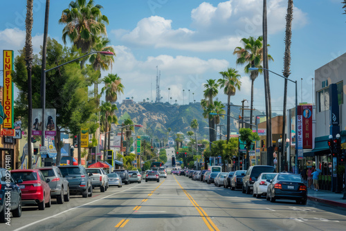 Sunny day in Koreatown, Los Angeles with palm trees and busy street