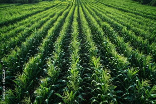 Green field of corn growing in neat rows under the bright sun.