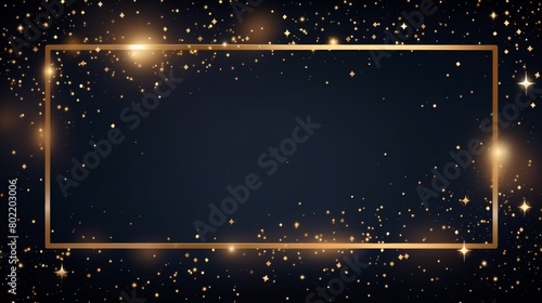 gold color frame for a postcard with free space in the center for text on a dark black background. Charming background for greeting messages - stars, shining glitter, festive holidays.