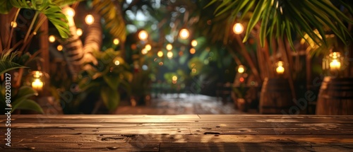 In the blur of an admirable restaurant at night, the wooden table under palm leaves whispers tales of tropical evenings, Sharpen 3d rendering background