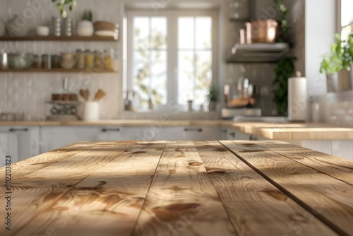 Positioned in the blur bokeh modern kitchen interior, the wooden table accents the sleek design with its refined rustic charm, Sharpen 3d rendering background