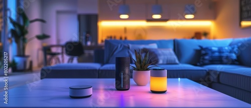 The modular home lighting system responds to voice commands, allowing users to customize brightness and color settings remotely, hitech cyber look sharpen close up with copy space