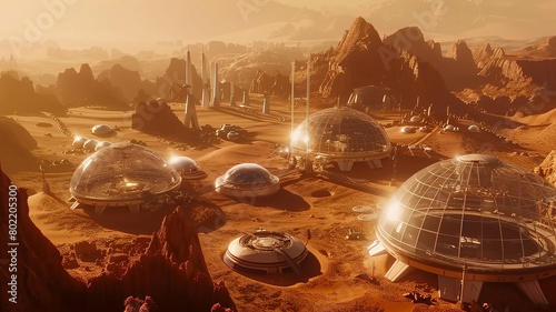 A futuristic cityscape built on the surface of Mars, with dome structures and rovers