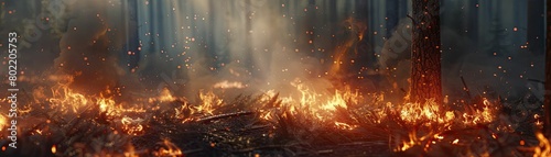 Capturing the raw power of a raging forest inferno, the close-up reveals glowing embers and billowing smoke in vivid detail.