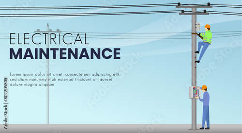 electrical maintenance service website design, electrical worker repair electric pole vector illustration