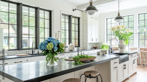 A bright modern kitchen featuring white cabinets, black countertops