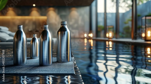 Minimalist stainless steel water bottles on a reflective glass surface in a serene yoga studio with dim lighting.