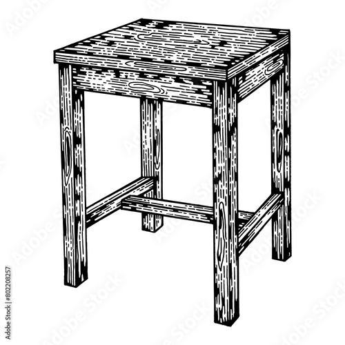 Stool wooden tabouret chair sketch engraving PNG illustration. Scratch board style imitation. Hand drawn image.