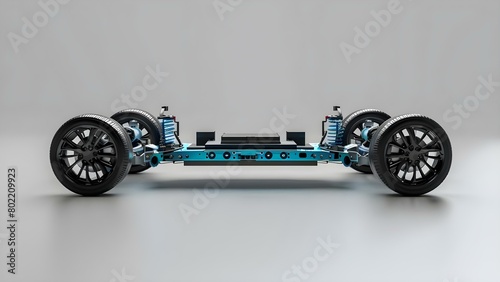 3D rendering of electric vehicle chassis with InWheel Motors and solidstate battery. Concept Electric Vehicle Technology, 3D Rendering, In-Wheel Motors, Solid State Battery, Chassis