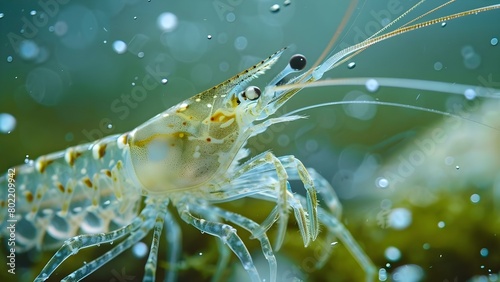 Capturing Detailed Shots of Young Pacific White Shrimp in Aquaculture Pond. Concept Aquaculture photography, Shrimp detail shots, Pond environment, Underwater photography