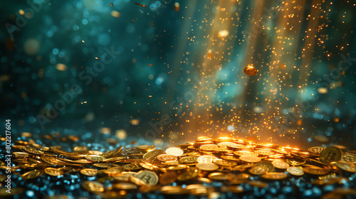 A hoard of gold coins with a bright light shining on them.