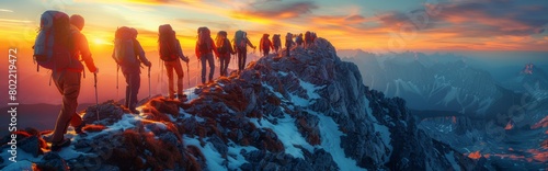Panoramic view of people holding hands and helping each other to reach the top of the mountain in spectacular mountain sunset landscape, team of people forming ladder shape overcome obstacles together
