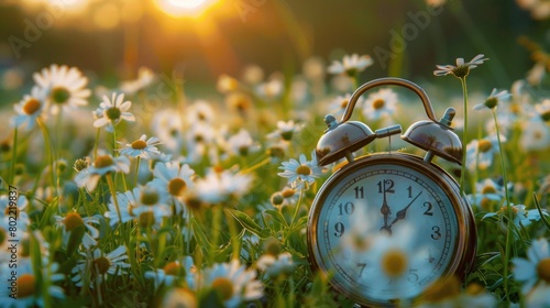 Spring Forward: Daylight Saving Time Alarm Clock on Beautiful Nature Background with Green Grass and White Flowers Meadow, Turning Clock Forward One Hour