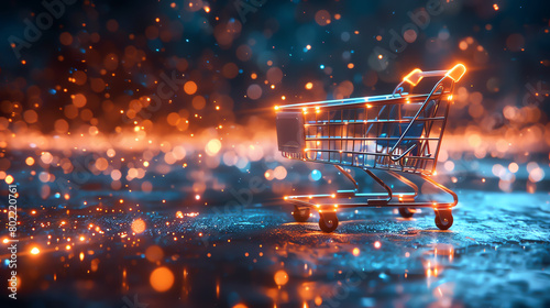 A shopping cart made of orange light trails on a blue surface against a background of falling orange sparkles.