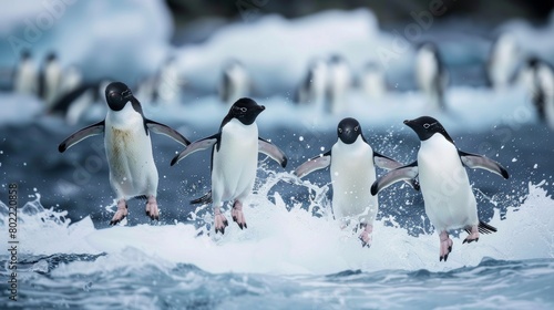 Adelie penguin jumping on ice floes