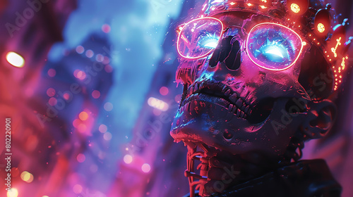 A skull with sunglasses made of neon lights against the backdrop of a night city