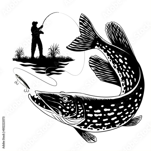 Fisherman Catching Pike Fish Vintage T-Shirt Illustration