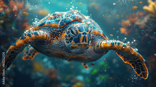 A striking image capturing a sea turtle gliding gracefully near the surface, surrounded by a kaleidoscope of coral colors, highlighting the serene beauty of underwater ecosystems.