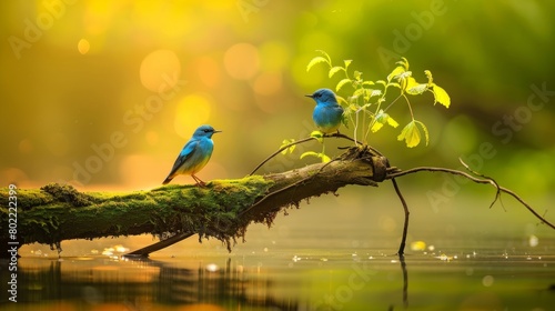 Natural background and a small blue bird perched on a branch.