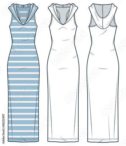 Hooded Dress technical fashion illustration, striped design. Jersey maxi Dress fashion flat technical drawing template, slim fit, front and back view, white, blue, women CAD mockup set.
