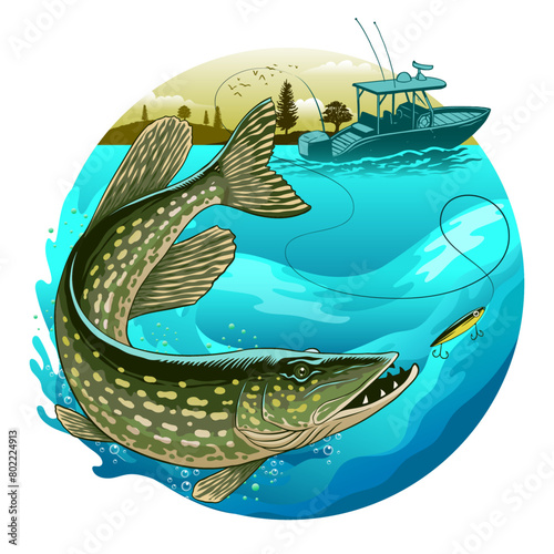 Fishing Boat Catching Pike Fish Colorful Design