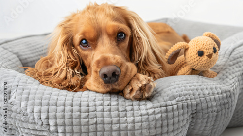 Cute cocker spaniel dog with toy lying in pet bed on w