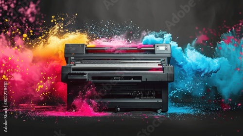 Professional Office Printer with Color Splashes for High Quality Printing Services - Wide Banner with Copy Space