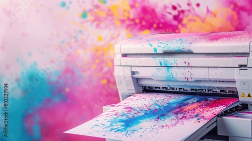 Professional Office Printer with Color Splashes for High Quality Printing Services - Wide Banner with Copy Space