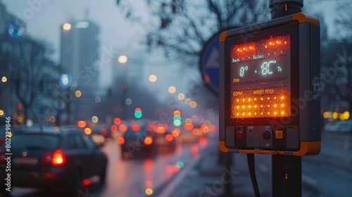 Air quality monitor on city street, data screen glowing, close up, environmental vigilance, dusk