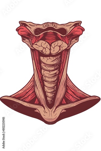 An engraving of the human neck muscles and vocal cords.
