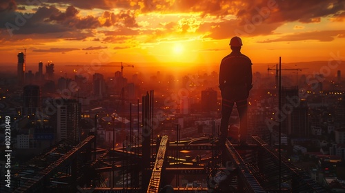 Silhouetted builder overlooking a lattice of girders at dusk, symbolizing development in a metropolitan context