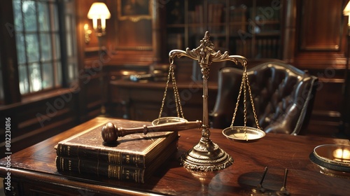 Classic wooden mallet resting on lawsuit file with gleaming scale of justice in a stately study.