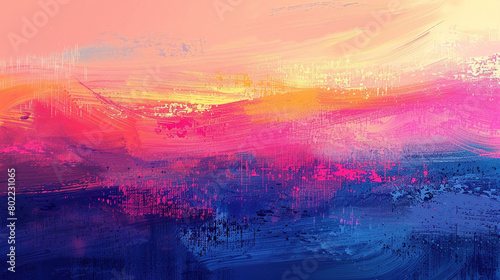 Design an abstract painting with bold brushstrokes blending seamlessly into the colorful sunset gradient.