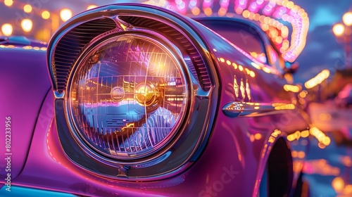Vintage car headlight glimmers with reflections of a neon-lit metropolis at dusk, hues of violet and gold dominate.