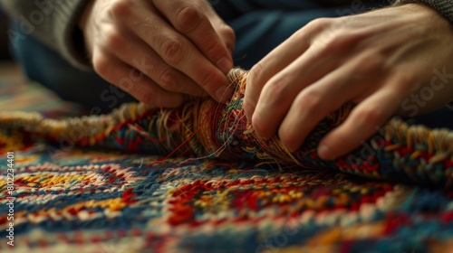 an artisans hands meticulously weaving a Persian carpet close-up on the detailed knotting process