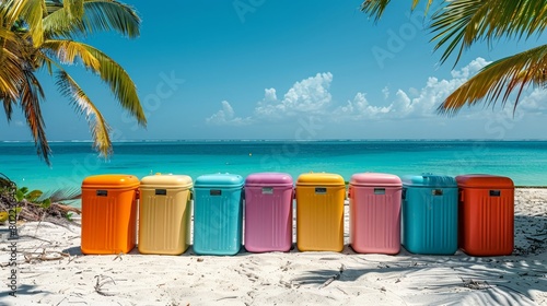 Brightly painted cooler boxes arranged in a neat row on a sandy beach under the harsh midday sun.