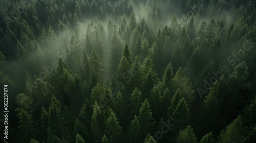 a forest of pine trees in the fog