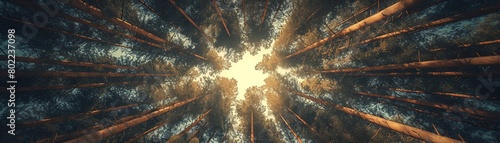 Craft a dynamic worms-eye view of a dense pine forest stretching towards a moody