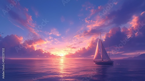 Create a striking image of a lone sailboat sailing into the horizon under the canvas of a dusky evening sky