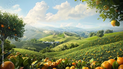 Illustrate a breathtaking landscape with rolling hills filled with an abundance of health-conscious fruits like succulent oranges and plump blueberries Utilize digital art techniques to create a photo