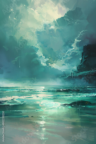 abstraktes Gemälde einer Landschaft mit Meer und Strand in türkis und blau, dramatische Stimmung mit Wolken, Regen und Gewitter, Hintergrund für Krimi oder Thriller 