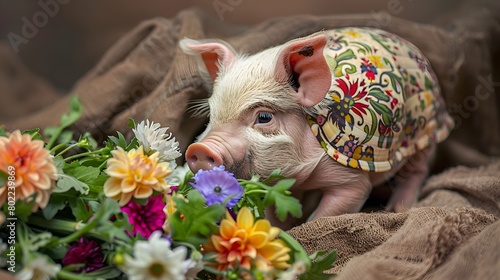 Curious Pig Adorned with Baroque Floral Pattern Sniffs at Vibrant Bouquet Generative ai