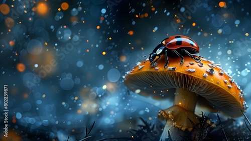 Fantasy ladybug clinging to mushroom in windy scene overcoming obstacles with determination. Concept Fantasy, Ladybug, Mushroom, Windy Scene, Determination