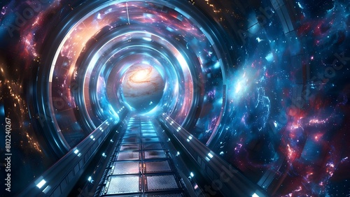 Vibrant 3D rendering of a hyperspace tunnel with an expanding galaxy. Concept Space, Hyperspace, Galaxy, 3D Rendering, Vibrant Colors
