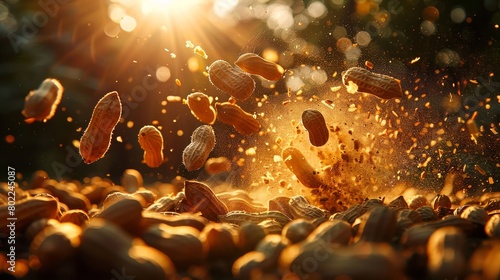 Whirlwind of peanuts swept up in a sunbeam, igniting a symphony of shadows and light in mid-air