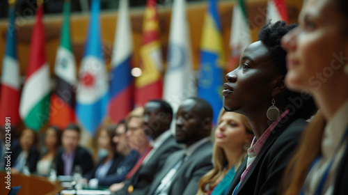 Politiker Delegierte hören aufmerksam zu bei einer internationalen Konferenz mit globalen Flaggen 