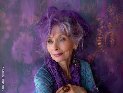 Femme âgée stylée avec une teinture de cheveux tye and dye violette, portrait de personnes variées sur fond violet