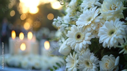 Memorial Tribute: Close-Up of White Flowers and Candles at Outdoor Funeral