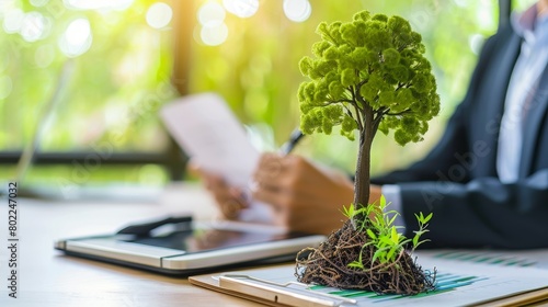 Business professional in a plant-filled office, promoting biophilic design ,Sustainable,green city,Green Business,ESG,Environmental Social Governance,Carbon Tax