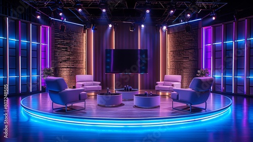 Modern TV stage set with blue and purple lighting for an evening talk show scene